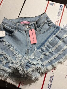 Nichole Lynn Light Wash Frayed Layered Denim Shorts